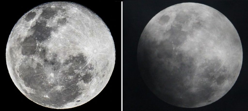 Immagine della Luna pienamente illuminata confrontata con la Luna in penombra .