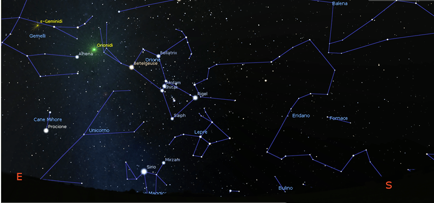 Mappa stellare per l'osservazione delle Orionidi.
